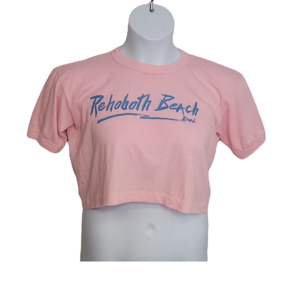 VINTAGE 80s crop top t-shirt‎ pink single stitch ringer Rehoboth Beach M
